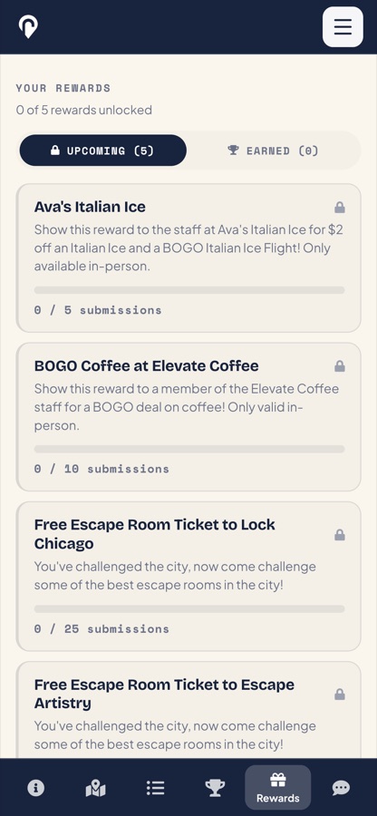 The reward board in the Roamli player: offers from Ava's Italian Ice, Elevate Coffee, Lock Chicago and Escape Artistry, each with a progress bar